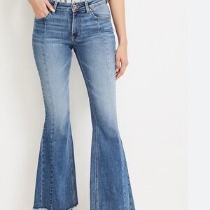 Edgely Womens High Rise Flare Jeans Medium Wash Seam Front Raw Hem Size 12 Reg